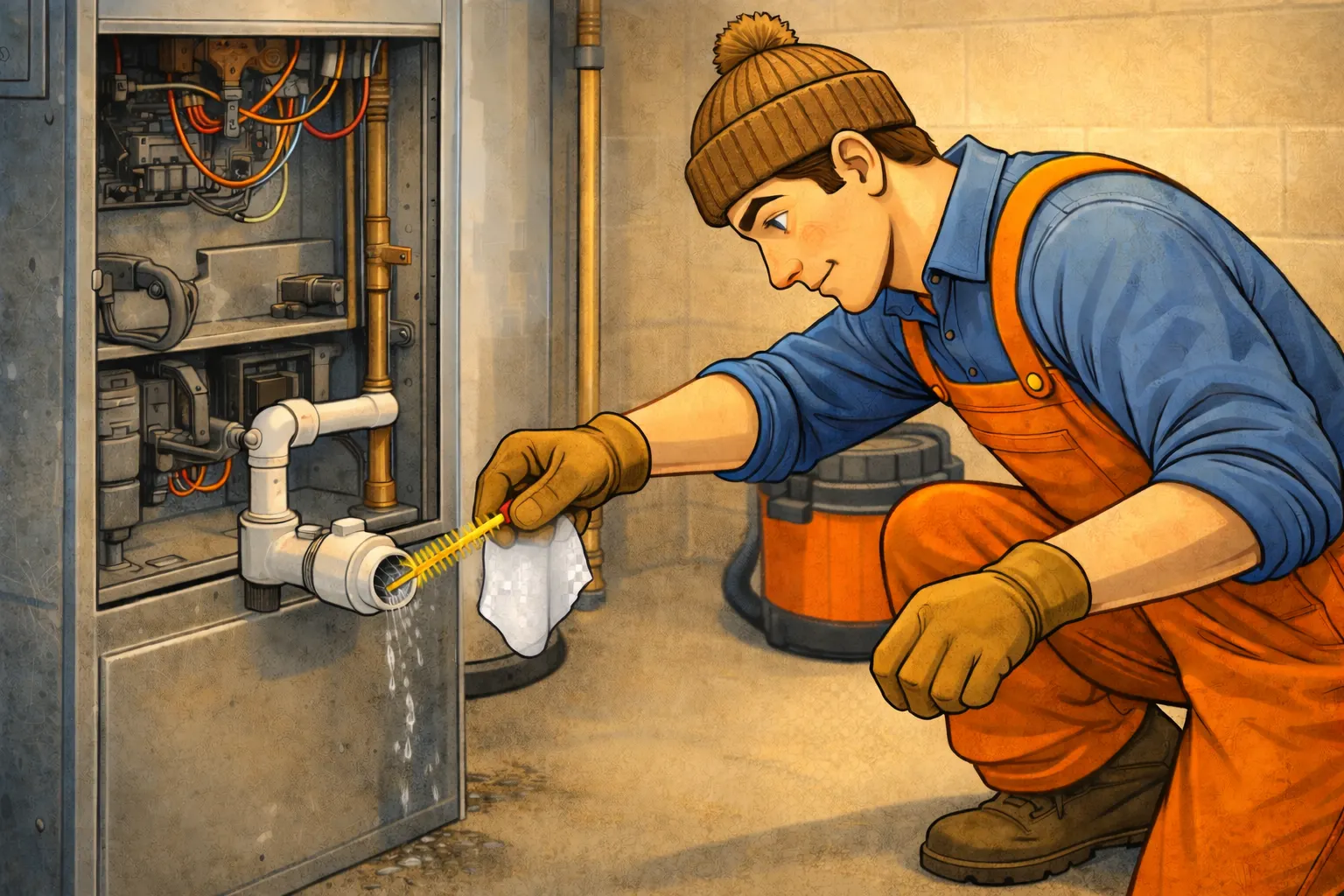 HVAC technician clearing a condensate drain line from an indoor air handler unit to prevent water damage and clogs