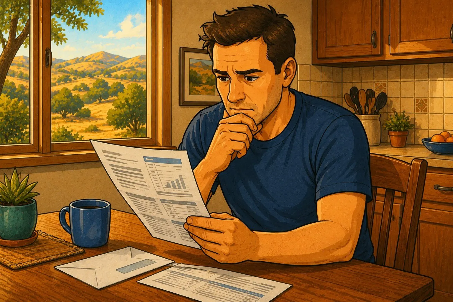 Illustrated El Dorado County homeowner looking at a high summer electricity bill at a kitchen table with warm California light through the window