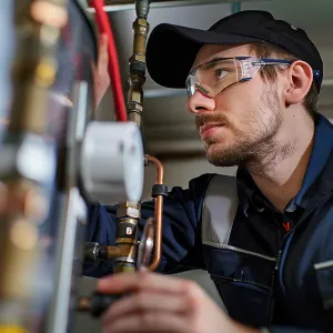 A professional technician adjusting the settings on a hybrid heat pump water heater to ensure peak energy efficiency.