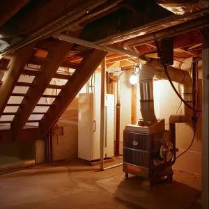 A basement heating system with ducts and pipes, positioned near an exposed wooden staircase, with warm lighting illuminating the concrete floor and walls, creating a functional and industrial atmosphere.
