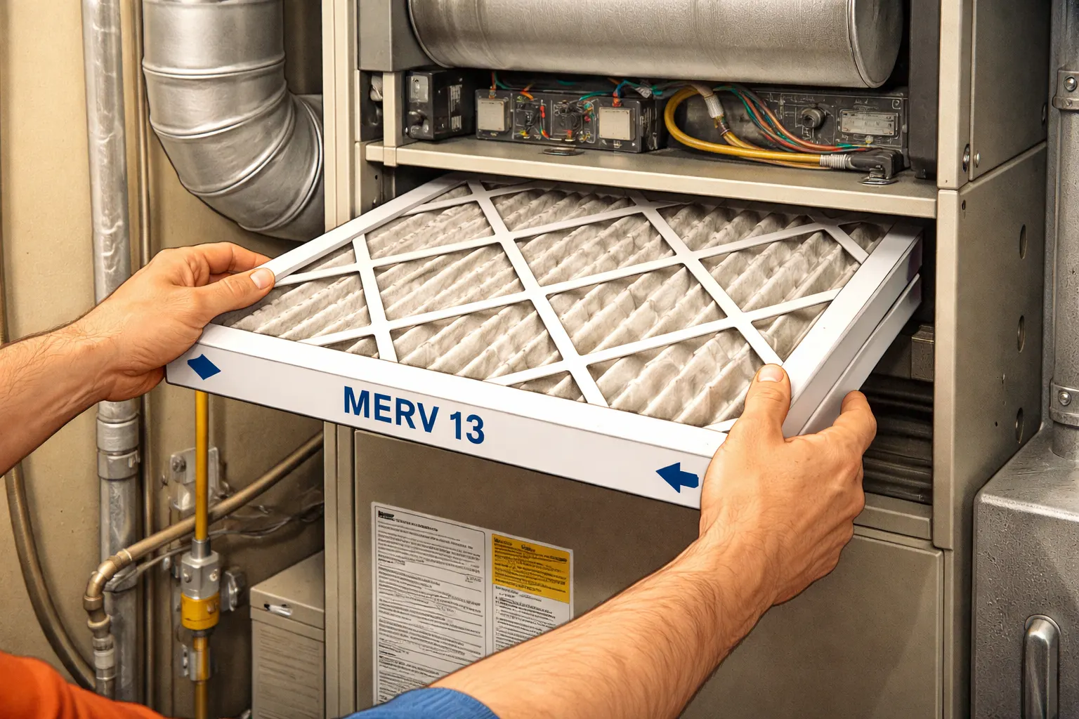 Close-up of hands replacing a high-efficiency HVAC air filter in a furnace system, showing the clean white filter contrasted against the filter housing