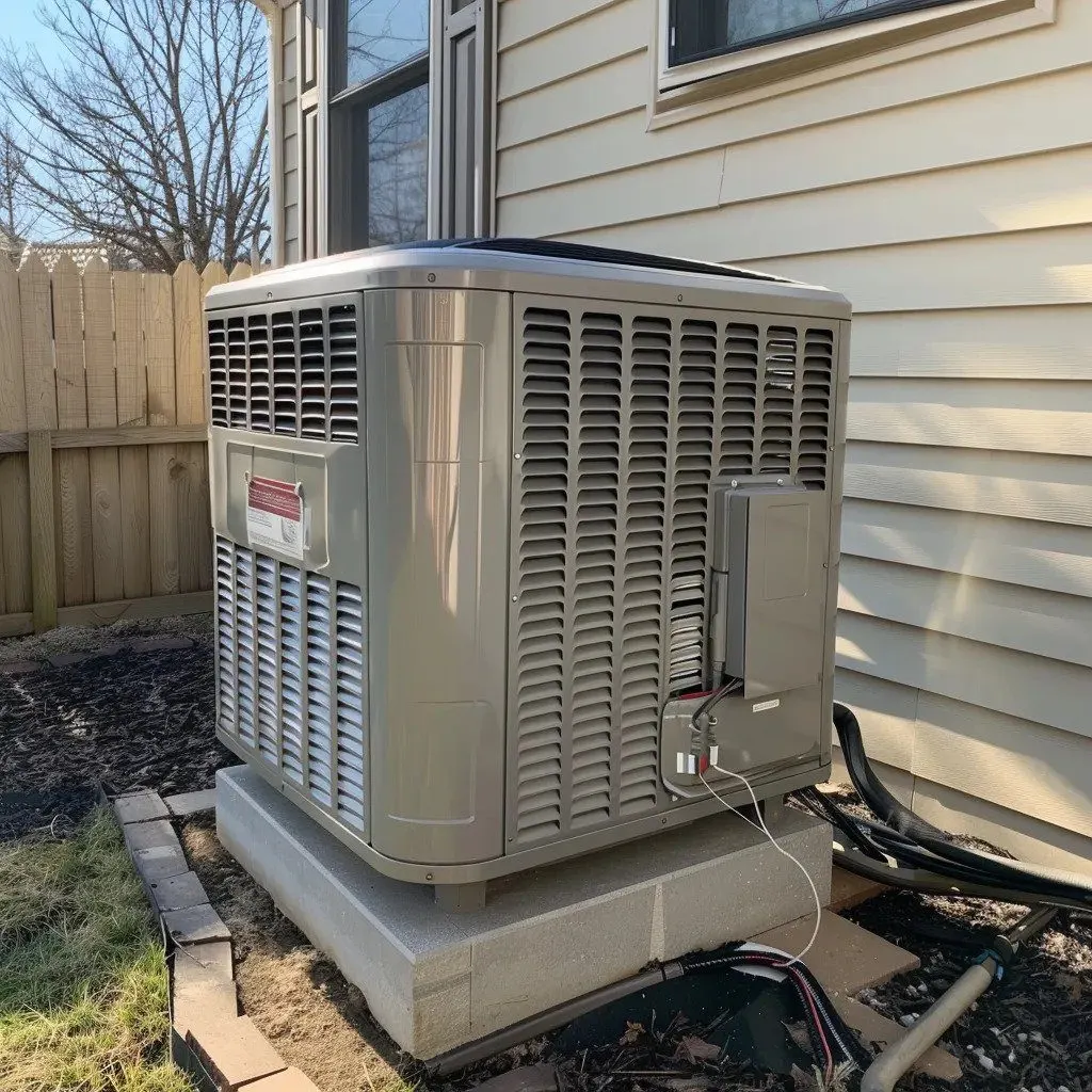 An outdoor HVAC unit installed on a concrete platform next to a residential house, with connection cables and insulated pipes extending from the unit, positioned near a wooden fence and exterior siding.