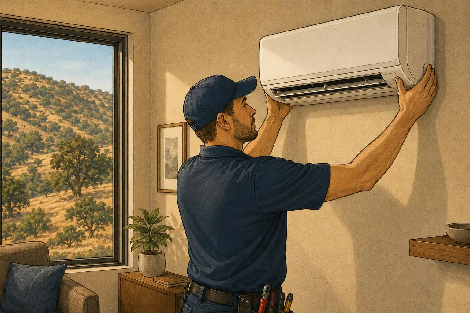 A Jonas Energy Solutions technician installing a white ductless mini-split wall unit inside a home, with a view through the window of the Sierra Nevada foothill landscape