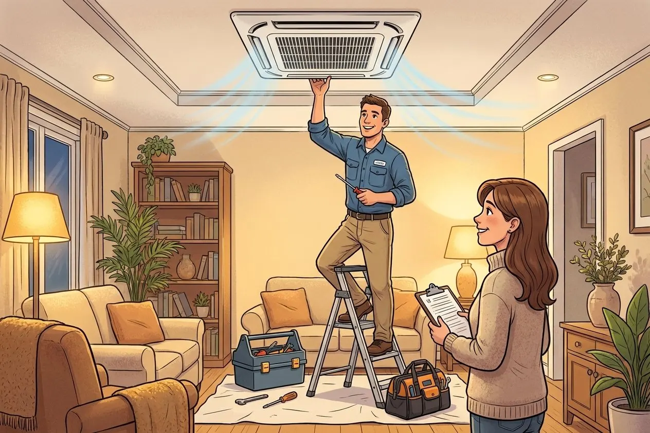 Illustrated HVAC professional finishing a ceiling cassette mini-split installation in a home