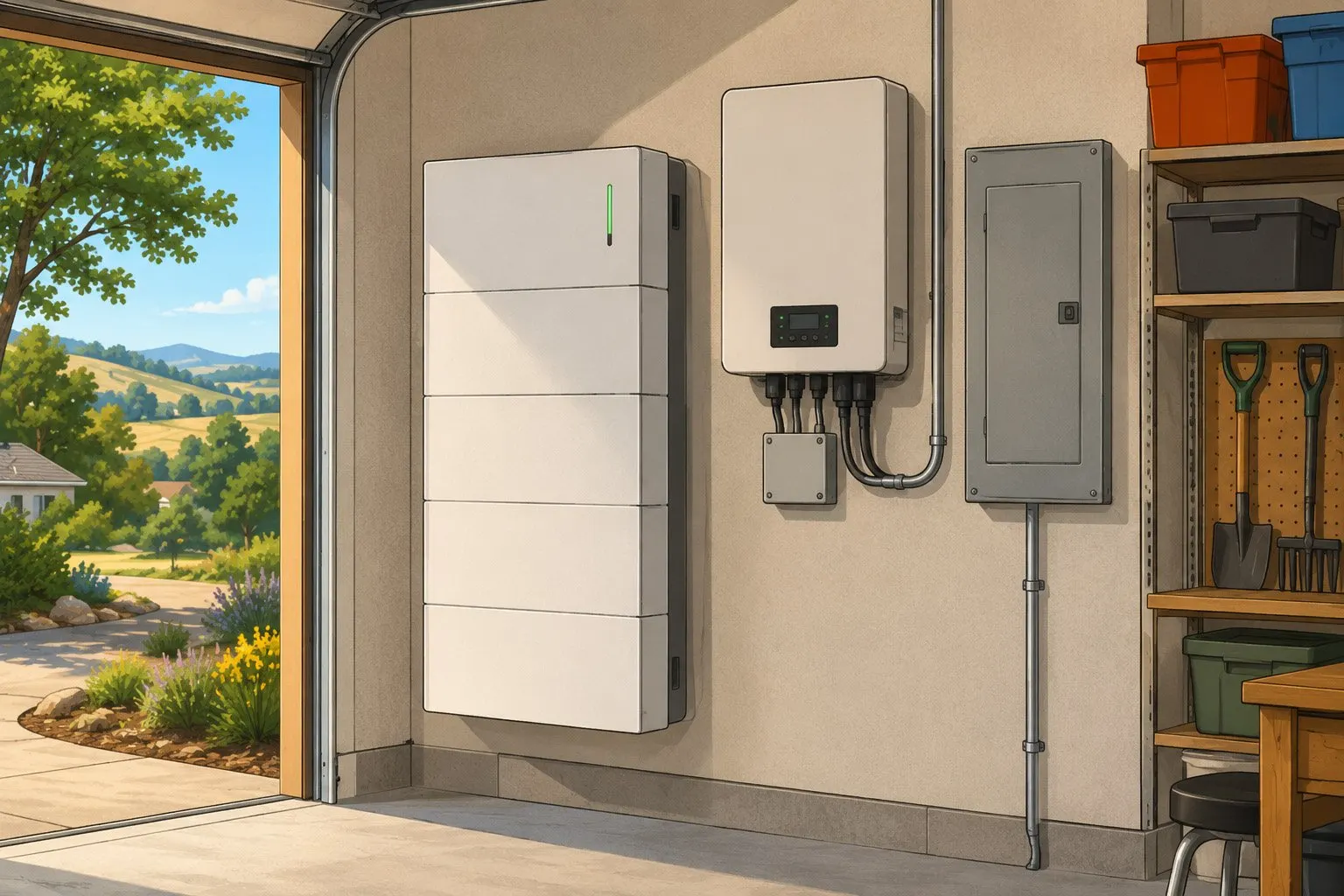 A modern home battery storage system mounted on the wall of a residential garage alongside a solar inverter and electrical panel