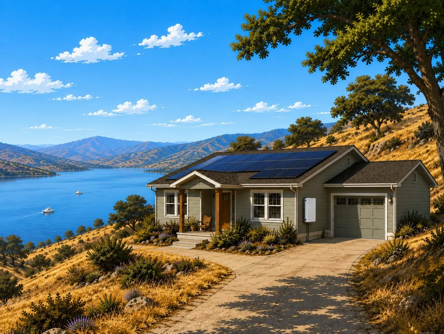 Rooftop solar panels on a residential home with a home battery storage unit visible on the exterior wall below, set against a clear blue California sky