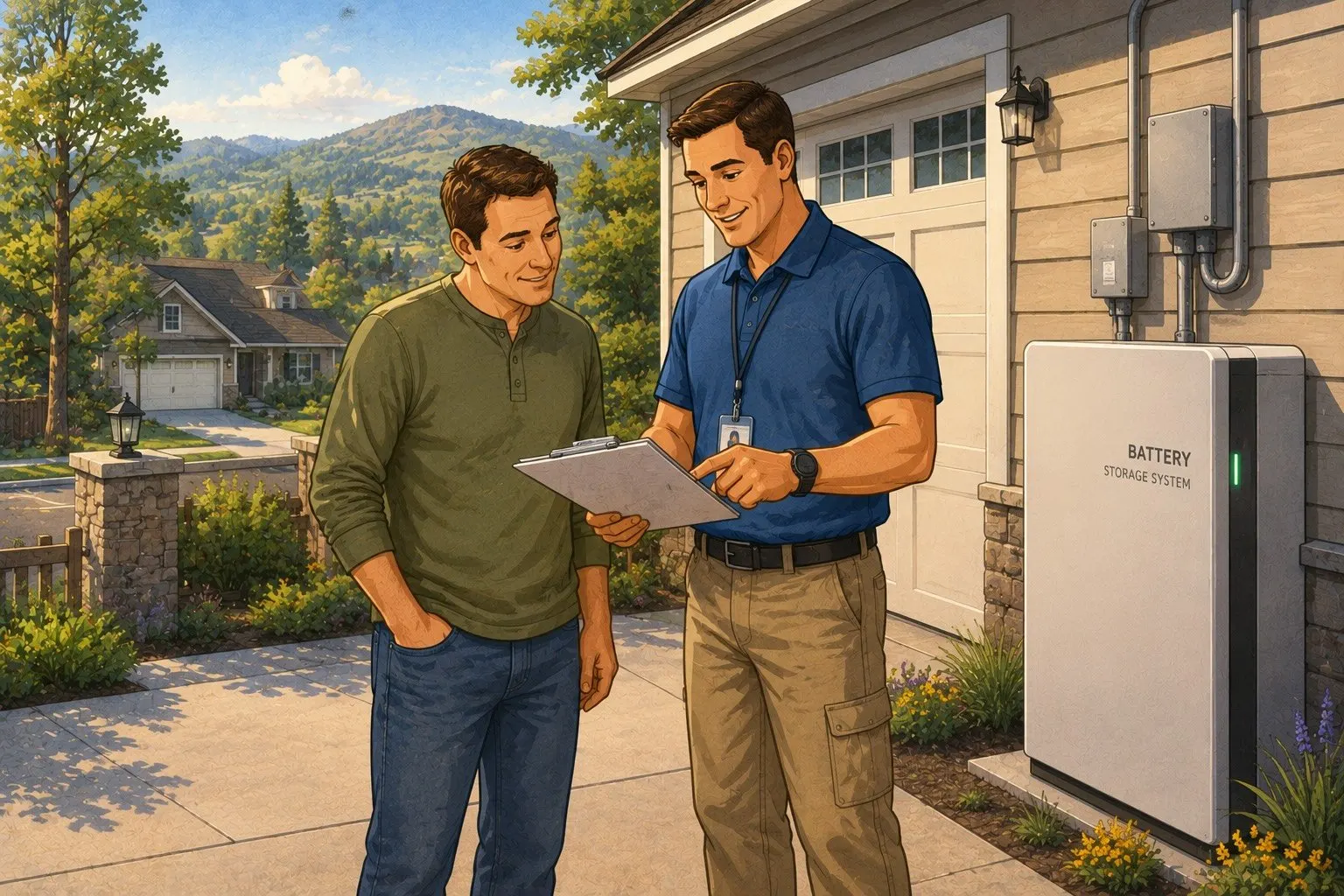 Homeowner reviewing backup power and surge protection options with a technician outside a home