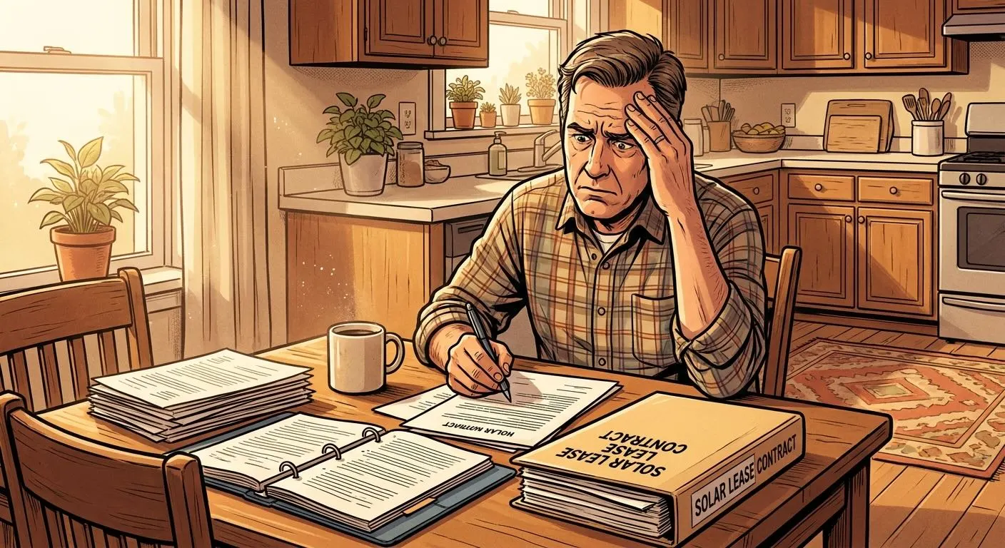 illustration of a worried homeowner at a kitchen table reviewing a solar lease contract with stacks of paperwork, representing the complexity of solar lease terms