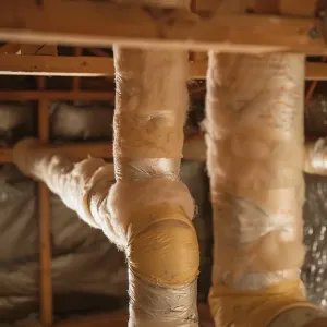 Insulated water pipes in a basement, helping to prevent heat loss and improve hybrid water heater efficiency during winter.