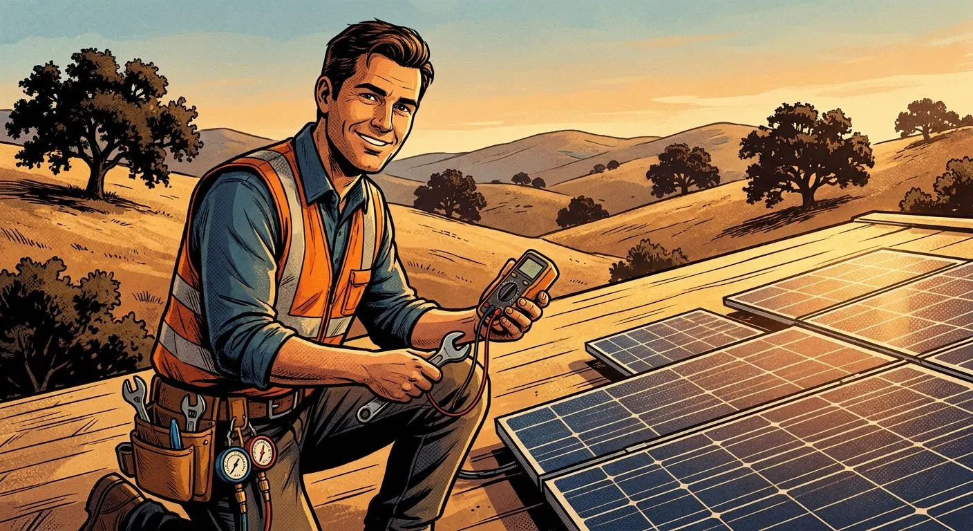 illustration of a friendly solar technician in branded work gear inspecting rooftop solar panels, representing local long-term solar service in Lake County