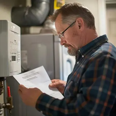 Close-up of a homeowner checking their utility bill after switching to a hybrid heat pump water heater, highlighting energy savings.