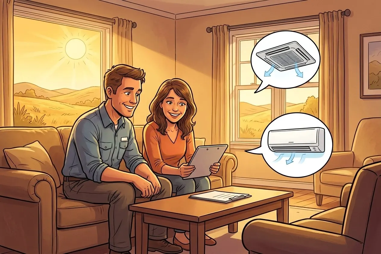 Illustrated Lake County homeowner comparing a ceiling cassette and wall-mounted mini-split during a home consult