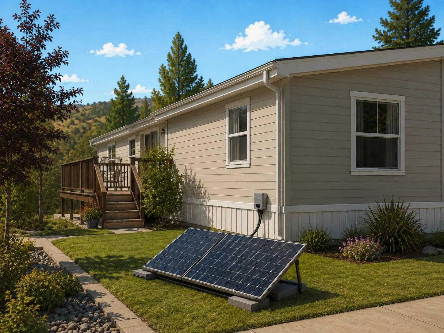 Portable solar panels positioned near a manufactured home with limited roof space
