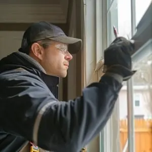 A home improvement professional sealing window gaps with weatherstripping, highlighting winter-proofing techniques for enhanced indoor comfort in Ukiah.