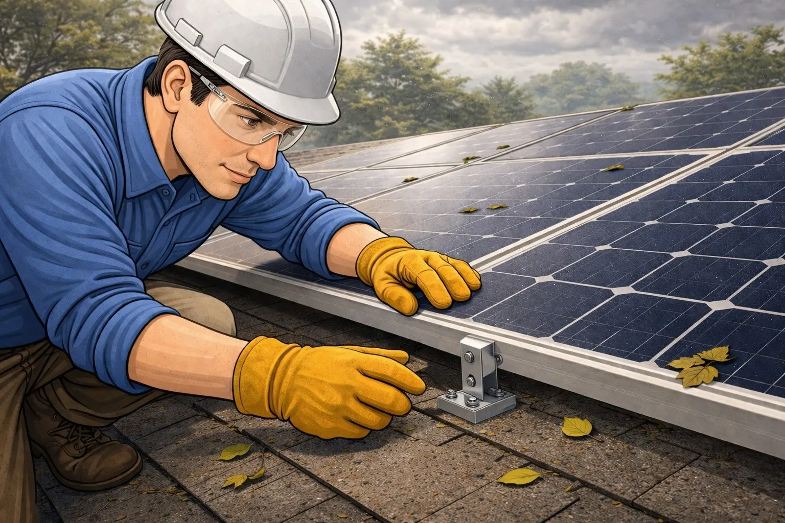 Close-up of rooftop solar panels with protective inspection during storm season