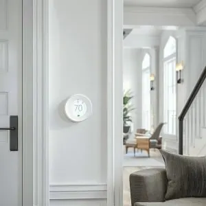 A sleek, white smart thermostat set to 70°F mounted on an elegantly paneled wall in a bright, modern living space with neutral decor, a gray armchair, and natural light streaming through large windows in the background.