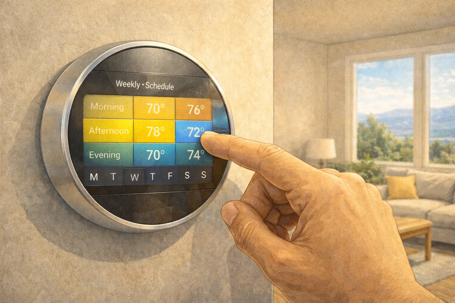 Close-up of homeowner's hand adjusting a modern programmable smart thermostat on a wall, with temperature schedule visible on the digital display
