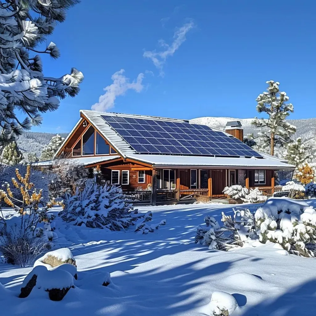 Snow-covered home with solar panels on the roof operating efficiently in Lake County winter conditions.