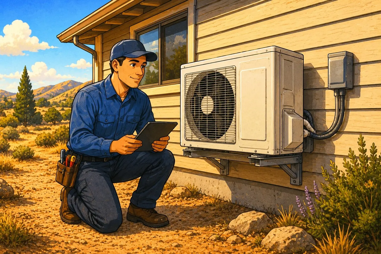 HVAC technician inspecting the outdoor unit of a ductless mini-split system during a service call at a Lake County California home