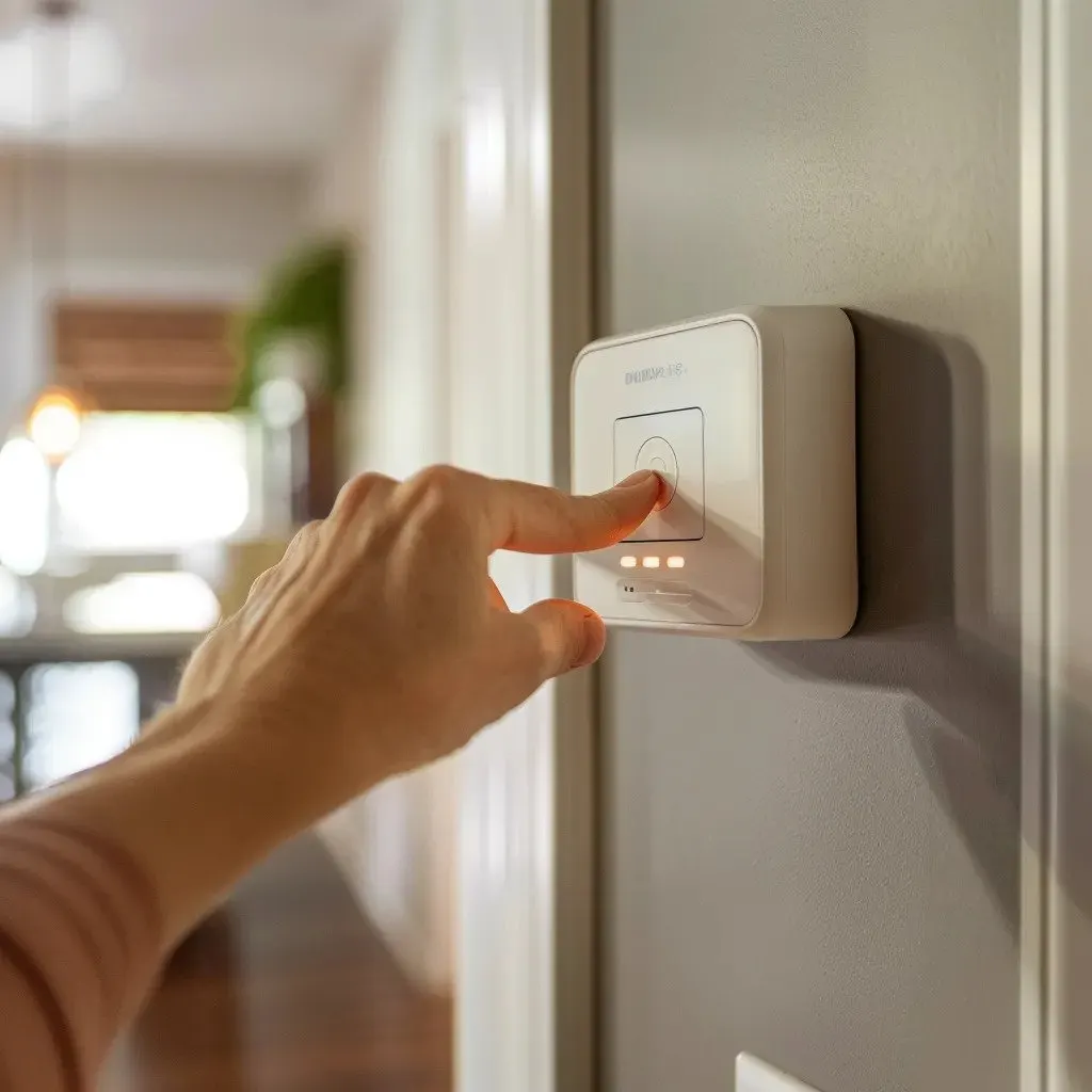 A person pressing the test button on a wall-mounted carbon monoxide detector in a home.