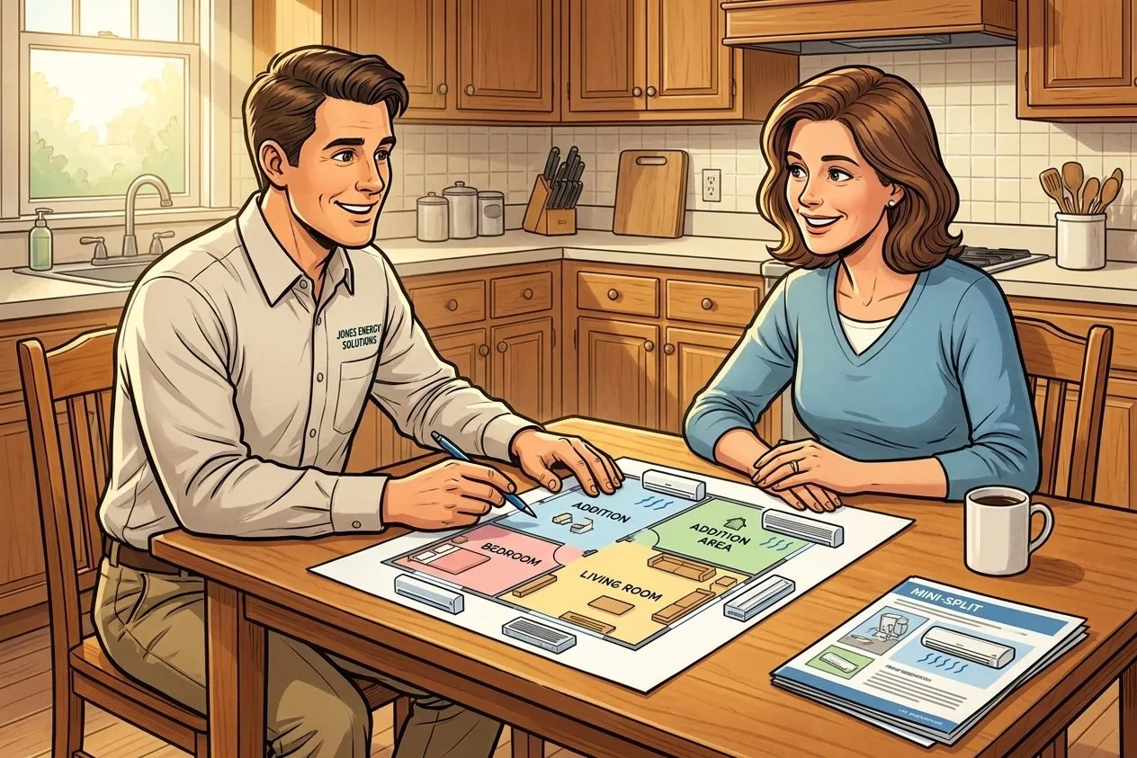 Comfort advisor reviewing mini-split layout options with a homeowner