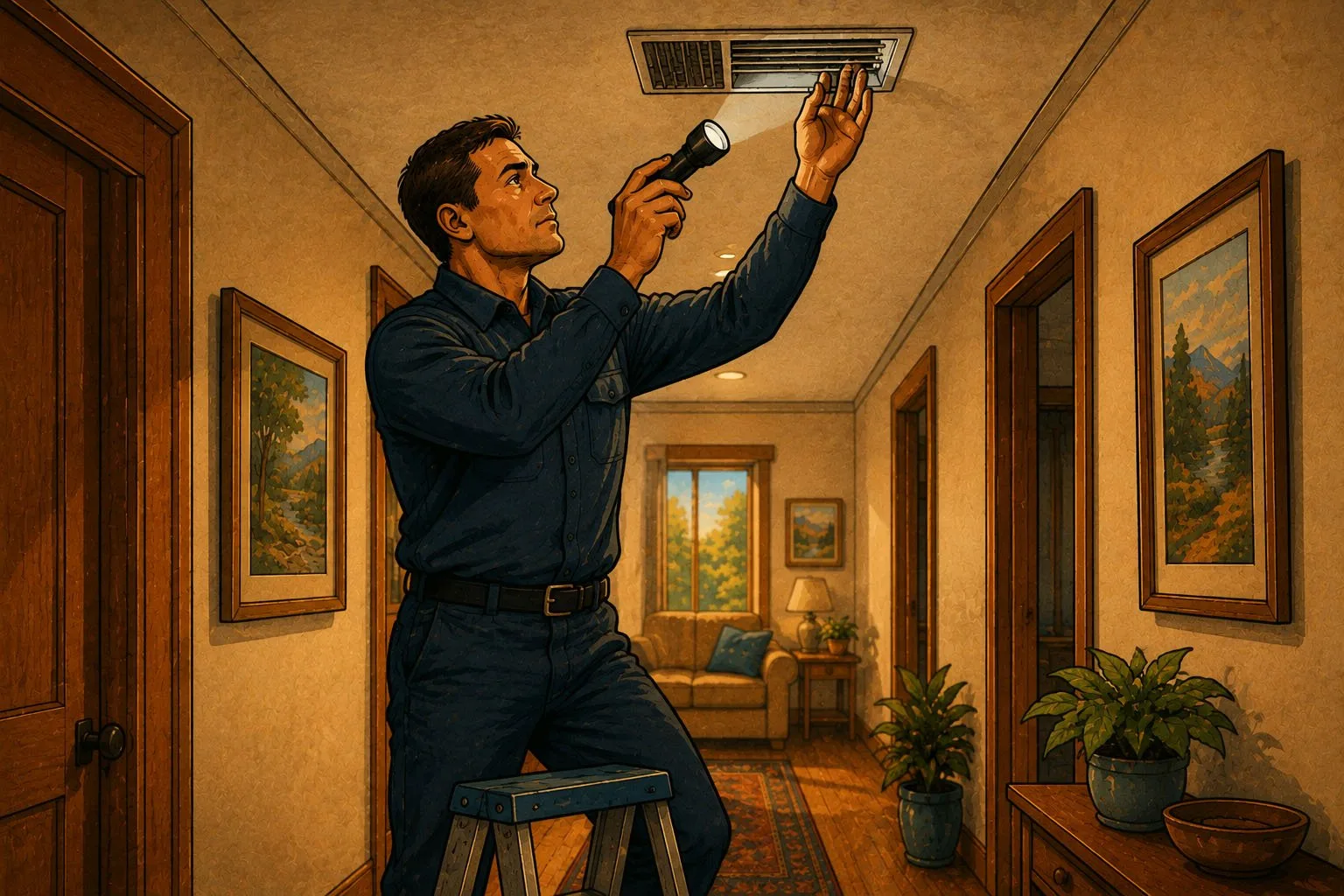 HVAC technician checking a home air vent for airflow and air quality