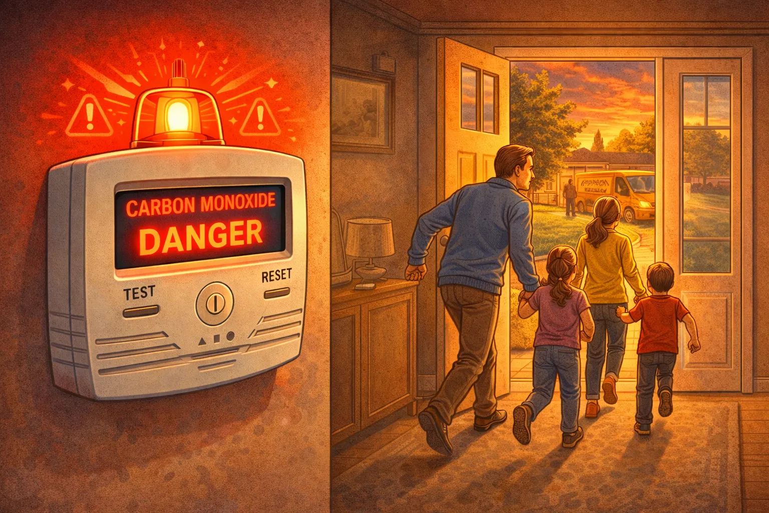 Dramatic illustration of a carbon monoxide detector with red warning light activated mounted on a wall, with a family safely evacuating their Lake County home in the background, emphasizing heating system safety and immediate professional response
