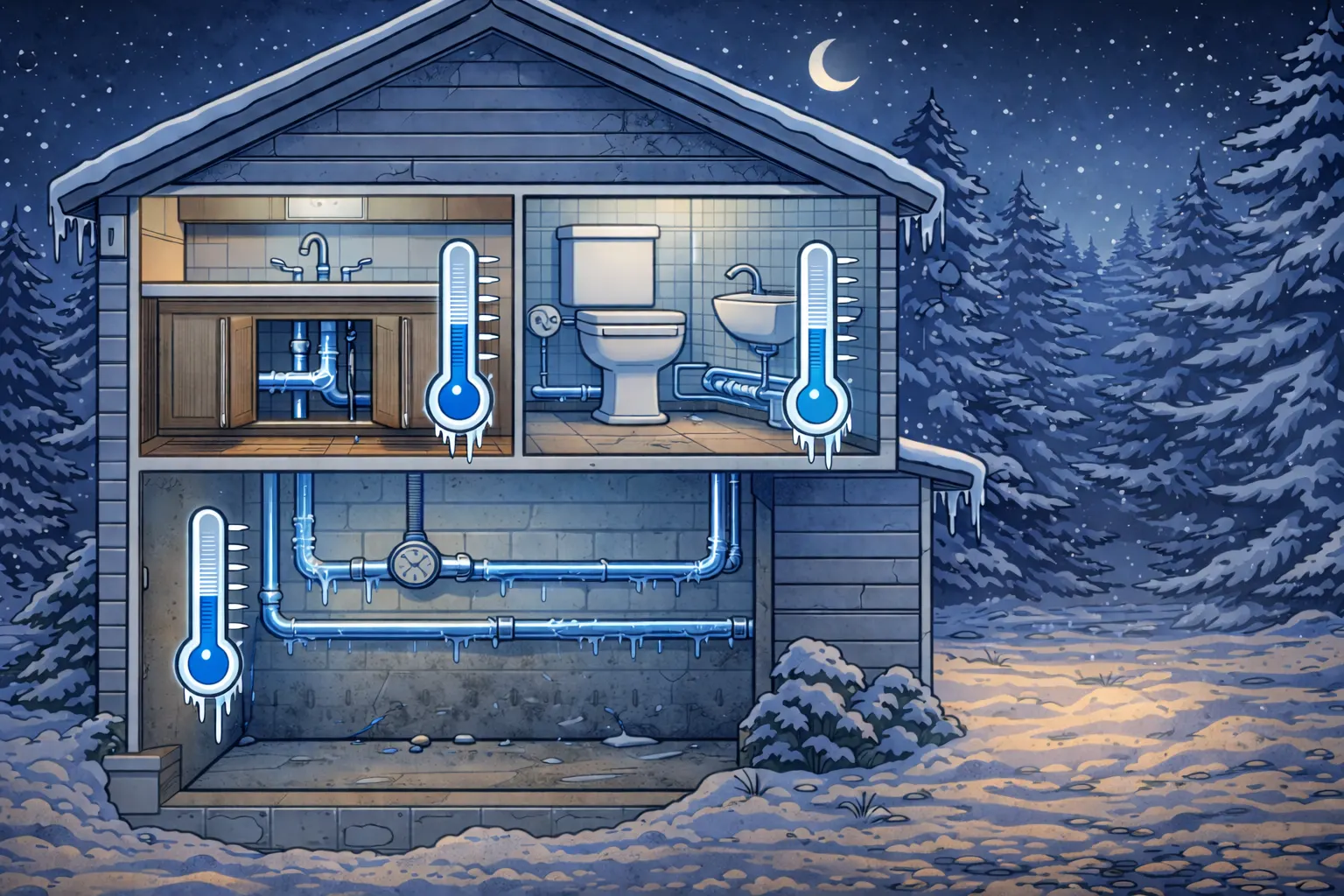 Illustrated cutaway view of a Lake County home showing exposed cold pipes under sinks and along exterior walls with temperature indicators and cold blue colors, emphasizing frozen pipe risk prevention during heating system failure