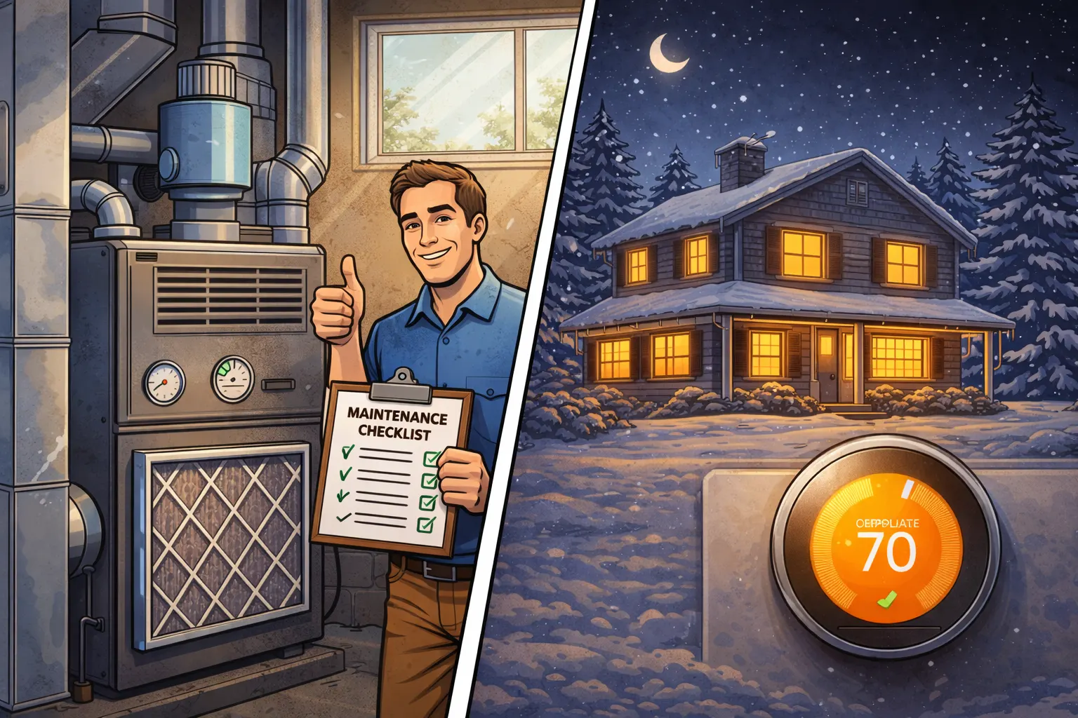Split-scene cartoon illustration of a Lake County home showing proper heating maintenance during daytime with clean filter and checklist on left, and the same comfortable warm home on a cold winter night with glowing windows on right, demonstrating preventive HVAC maintenance benefits