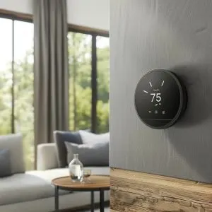 Smart thermostat set to 75 degrees in a modern living room, showcasing energy-saving heating technology for efficient temperature control in Clearlake Oaks homes.