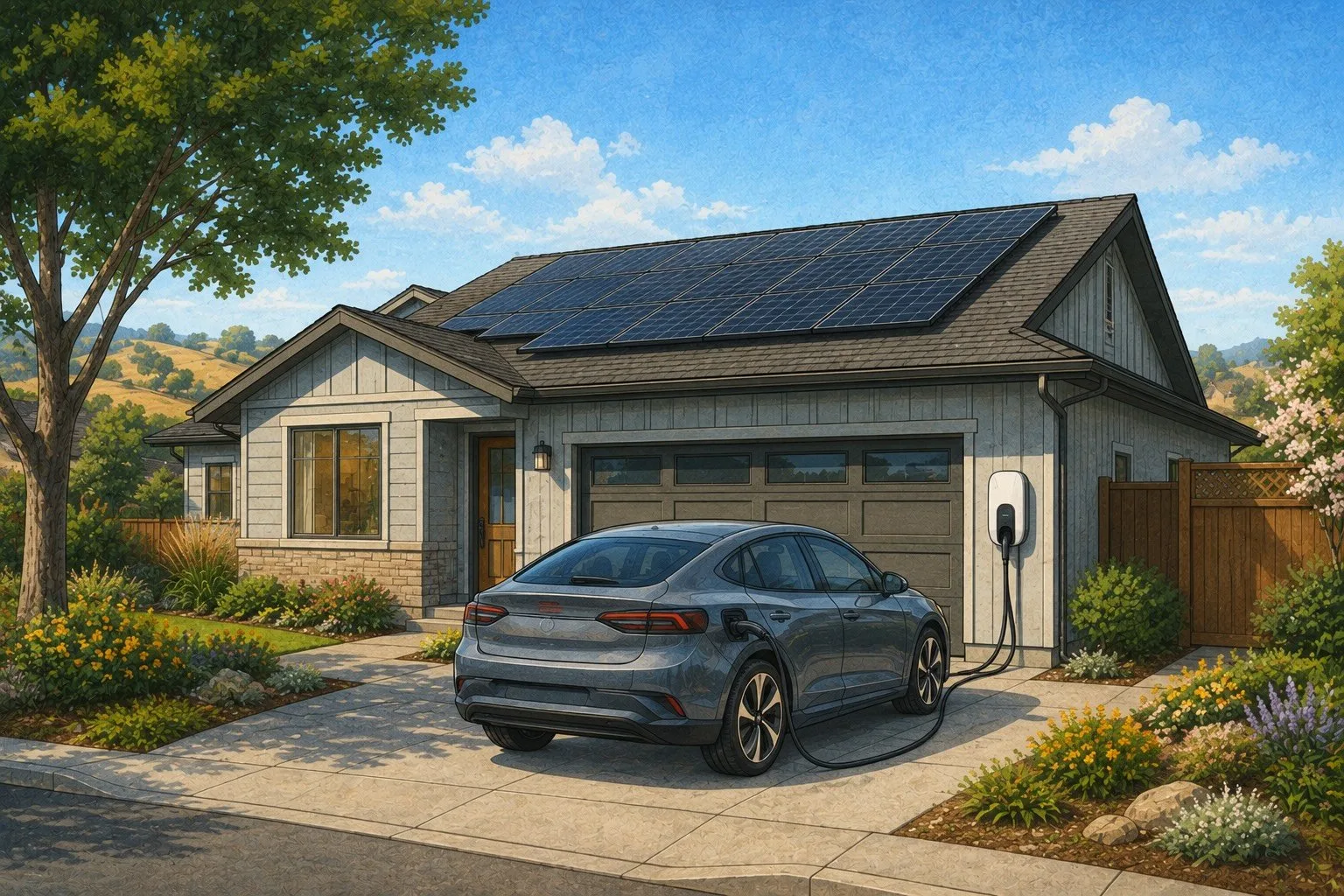 Home with rooftop solar panels and an electric vehicle charging in the driveway