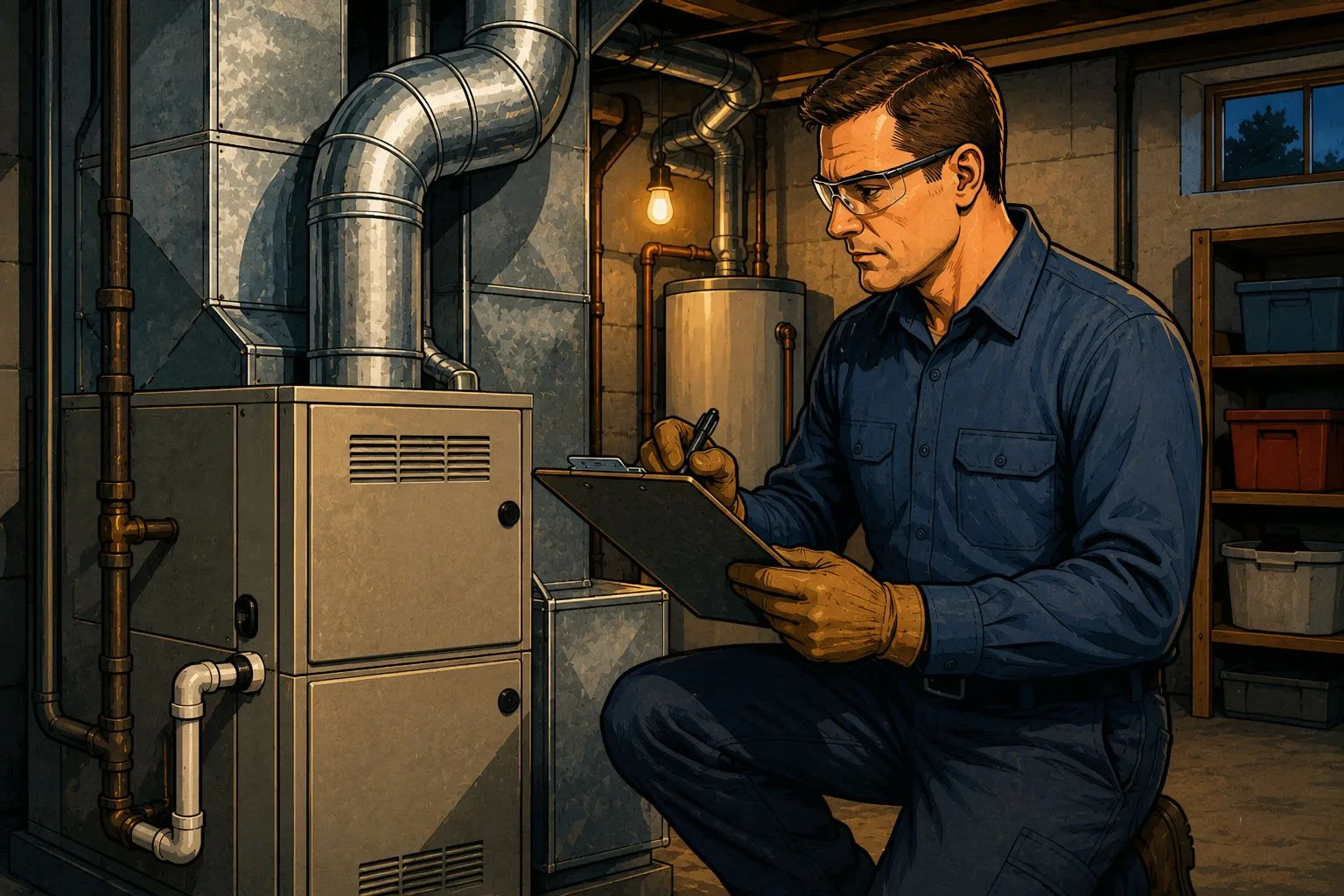Technician reviewing a home heating system during a service visit