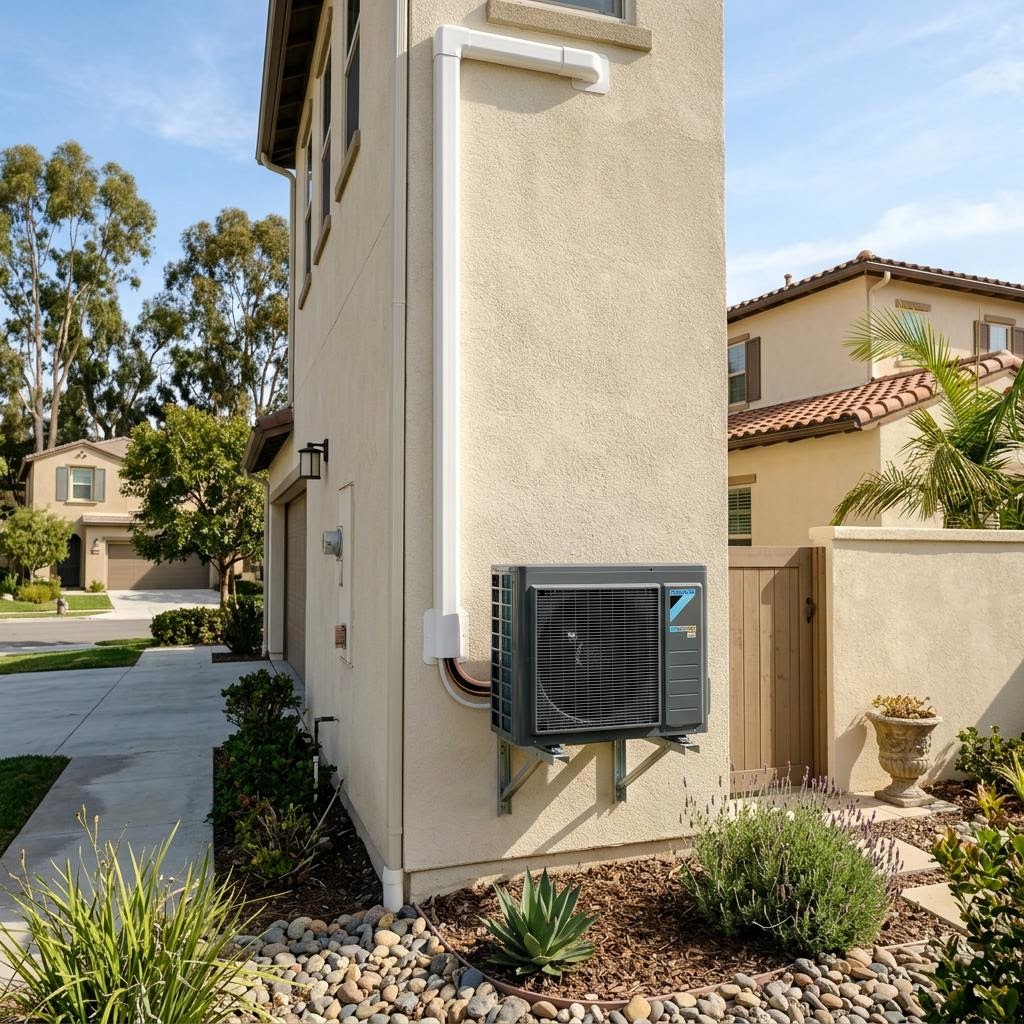 Ductless mini-split outdoor condenser unit mounted on an exterior wall